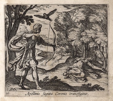 Аполлон пронзает стрелой Корониду. Гравировал Антонио Темпеста для своей знаменитой серии "Метаморфозы" Овидия, л.16. Амстердам, 1606