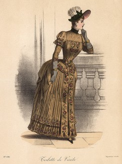 Элегантный дамский туалет для визитов с юбкой-плиссе и вышивкой. Из французского модного журнала Le Coquet, выпуск 239, 1888 год