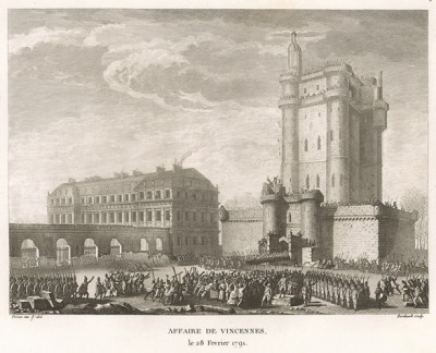 Побоище в Венсене. 28 февраля 1791 г. вооруженная толпа атакует Венсенский замок, где, по слухам, прячется Людовик XVI, пытавшийся бежать из Парижа. Охрана замка отчаянно обороняется. Париж, 1804