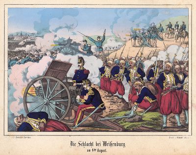 Франко-прусская война 1870-71 гг. Сражение при Вейсенбурге 4 августа 1870 г. Французами при обороне использовалась митральеза (картечница). Редкая немецкая литография