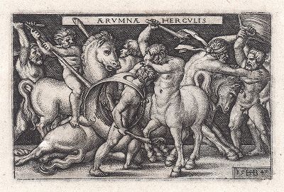 Битва Геракла с кентаврами. Гравюра Ганса Зебальда Бехама из сюиты "Подвиги Геракла", 1542-48 гг.