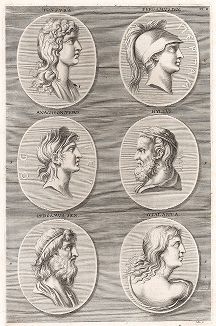 Изображения с античных гемм: Тесей, Пергам, Анакреонт, Гилл, Аталанта.