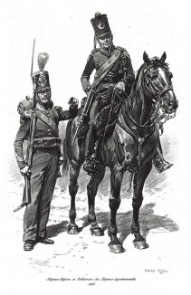 Кавалерист и пехотинец французской армии в униформе образца 1816 года (из Types et uniformes. L'armée françáise par Éduard Detaille. Париж. 1889 год)
