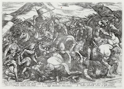 Битва израильтян против амалекитян (из работы Testamento vecchio (лат.), изданной в Риме в 1660 году)