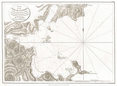Карта залива Де-Кастри (ныне залив Чихачёва), открытого Лаперузом в июле 1787 года и названного в честь спонсора экспедиции. Лист из первого английского издания атласа Charts And Plates To La Perouse's Voyage, Лондон, 1798.
