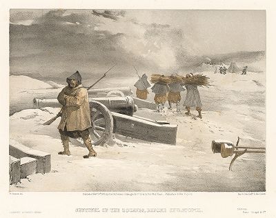 Французский зуав на посту зимой 1855 года. The Seat of War in the East by William Simpson, Лондон, 1855 год. Часть I, лист 12