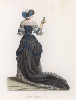 Городская модница с зеркальцем (лист 126 работы Жоржа Дюплесси "Исторический костюм XVI -- XVIII веков", роскошно изданной в Париже в 1867 году)