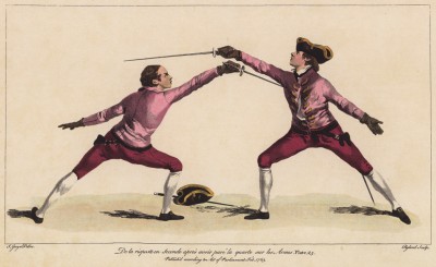 Ответный удар из второй позиции после парирования удара из четвёртой позиции сверху (лист 25 знаменитого учебника по фехтованию Доменико Анджело, изданного в 1763 году в Лондоне). Репринт 1968 года.