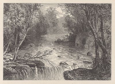 Река Брендивайн-крик, приток реки Кристина-ривер, штат Пенсильвания. Лист из издания "Picturesque America", т.I, Нью-Йорк, 1872.