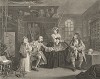 Модный брак, гравюра 3. «Визит к шарлатану», 1745. Граф приводит к врачу свою юную любовницу. У мужчины на шее сифилитическое пятно, а в левой руке - коробка с таблетками, которые не подействовали. В правой руке он угрожающе сжимает палку. Лондон, 1838