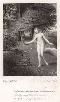 Ева и змей-искуситель в райском саду. Иллюстрация к "Потерянному раю" Джона Мильтона, Лондон, 1795. 