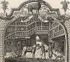 Афиша к постановке Джона Шоу «Баранья таверна в Сайренсестере». Изображен внутренний двор постоялого двора, куда приезжает один из главных персонажей – учитель фехтования. Гравюра Хогарта. Лондон, 1838