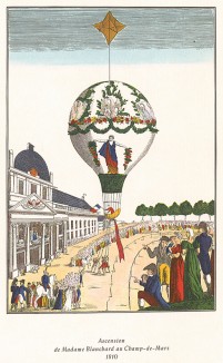 Париж, 24 июня 1810 г. Мари-Мадлен-Софи Бланшар в честь императора Наполеона I совершает подъём на воздушном шаре с Марсова поля. Из альбома Balloons, выполненного по старинным гравюрам, посвящённым истории воздухоплавания. Лондон, 1956