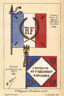 Знамена 1-го полка французской пешей артиллерии в 1794 (вверху) и 1811 гг. Коллекция Роберта фон Арнольди. Германия, 1911-29