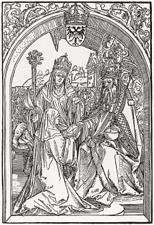 Розвита Гандерхеймская преподносит свою книгу императору Оттону I Великому (912--973) (гравюра Дюрера)