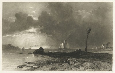 Морской пейзаж. Гравюра известного английского пейзажиста Джеймса Даффилда Хардинга (1798-1863 гг.)