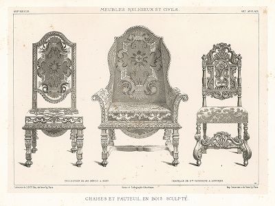 Английские резные стулья и кресло, XVII век. Meubles religieux et civils..., Париж, 1864-74 гг. 