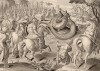 Аттилий Регул, римский консул, луком, стрелой, дротиком, копьём с большими потерями своих людей победил африканского змея, у которого торчит шевелящийся язык, а у тела – ужасный изгиб (Venationes Ferarum, Avium, Piscium, лист 43)