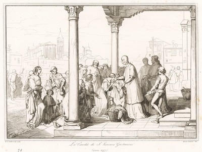 1447 год. Святой Лоренцо Джустиниани (1381-1455) помогает венецианским беднякам. Storia Veneta, л.78. Венеция, 1864