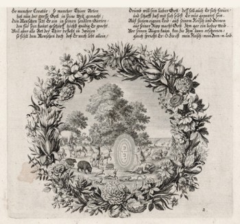 Адам и Ева в раю (из Biblisches Engel- und Kunstwerk -- шедевра германского барокко. Гравировал неподражаемый Иоганн Ульрих Краусс в Аугсбурге в 1700 году)