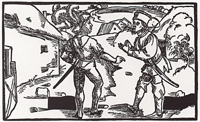 Клиния и Сир, раб Клитифона, спорят по поводу женитьбы Клитифона (иллюстрация к акту 4, сцене 1 комедии Теренция "Самоистязатель")