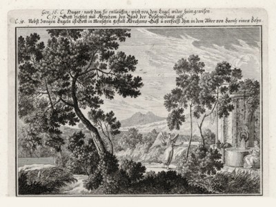 Сарра у источника (из Biblisches Engel- und Kunstwerk -- шедевра германского барокко. Гравировал неподражаемый Иоганн Ульрих Краусс в Аугсбурге в 1700 году)