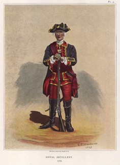 Артиллерист в форме образца 1760 года (лист IV работы "История мундира королевской артиллерии в 1625--1897 годах", изданной в Париже в 1899 году)